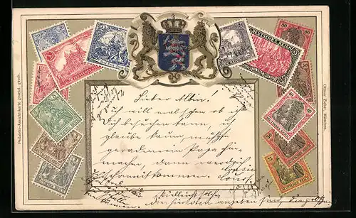 Präge-AK Philatelie-Ansichtskarte Deutsches Reich, Briefmarken mit Wappen