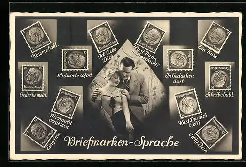 AK Briefmarkensprache, Liebespaar mit Briefmarken Komme bald, Ein Kuss