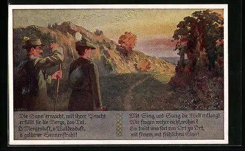 Künstler-AK Wanderer am Wegesrand in Abenstimmung