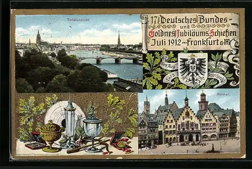 Künstler-AK Frankfurt a. M., 17. Deutsches Jubiläums-Schiessen 1912 - Totalansicht, Pokale mit Eichenlaub, Römer