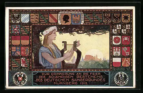 Künstler-AK Nürnberg, 50jähriges Jubiläum des Deutschen Sängerbundes 1912 - Frau mit Lyra, Wappen