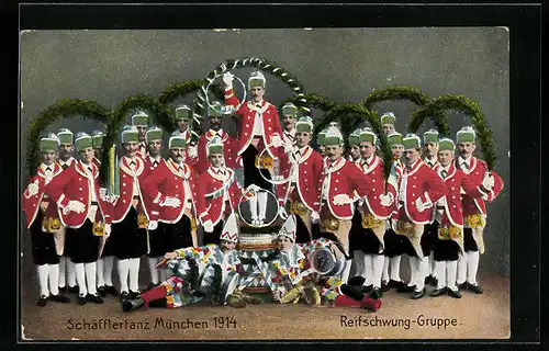Künstler-AK München, Schäfflertanz 1914 - Reifschwung-Gruppe in Kostümen