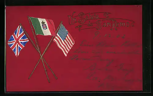 Künstler-AK San Remo, Nationalflaggen der USA, Grossbritanniens und Italiens