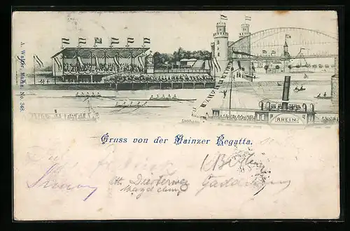 AK Mainz, Mainzer Regatta mit geschmückter Tribüne und Rheindampfer