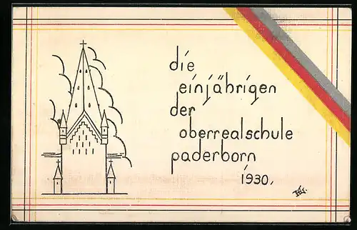 Künstler-AK Paderborn, die einjährigen der Oberrealschule 1930 - Zeichnung einer Kirche, Banderole in Graurotgelb