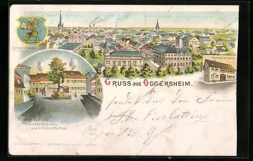 Lithographie Oggersheim, Schillerhaus, Marktplatz mit Kriegerdenkmal und Schillerlinde, Ortsansicht von oben, Wappen