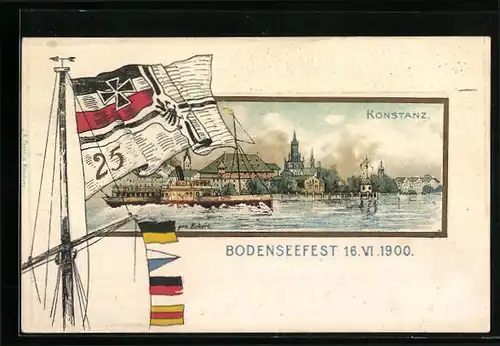 Passepartout-Lithographie Konstanz, Bodenseefest 1900 - Teilansicht mit Schiff, Deutsche Nationalflagge an Schiffsmast