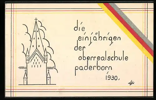 Künstler-AK Paderborn, Die Einjährigen der Oberrealschule Paderborn 1930, Kirche, Absolvia