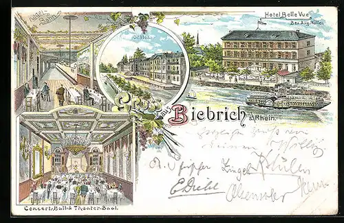 Lithographie Biebrich a. Rhein, Hotel Bellevue mit Dampfer, Inneres Konzert- Ball- & Theater-Saal und Kegel-Bahn