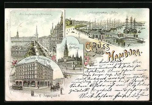 Lithographie Hamburg, Merkel`s Restaurant Kl. Johannisstrasse 8, Hafen und Landungsbrücken, Neues-Rathaus