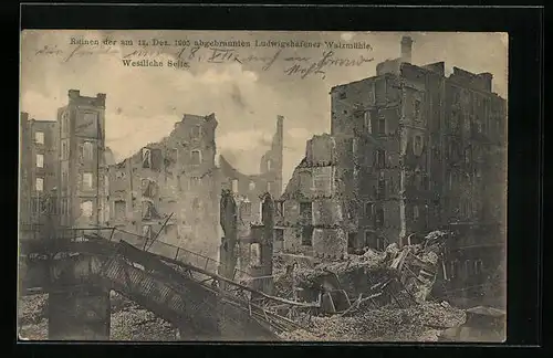 AK Ludwigshafen, Ruinen der 1905 abgebrannten Walzmühle, Westliche Seite