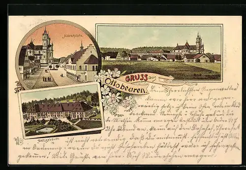 Lithographie Ottobeuren, Teilansicht, Amtsgebäude, Marktplatz