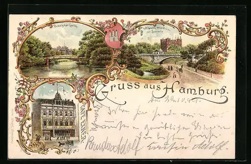 Lithographie Hamburg-St.Pauli, Cafe Exner, Karsten-Milles-Brücke mit Seewarte
