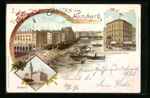 Lithographie Hamburg, Colonaden-Cafe, Rathaus, Jungfernstieg