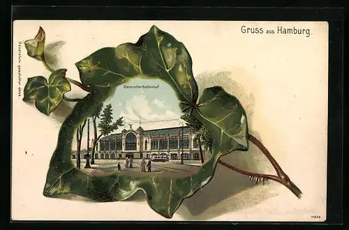Passepartout-Lithographie Hamburg-Rotherbaum, Dammtorbahnhof, Ansicht auf Efeublatt