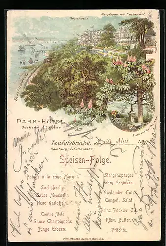 Lithographie Hamburg-Teufelsbrück, Park-Hotel an der Elb-Chaussee, Speisen-Folge