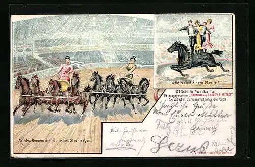 Lithographie Grösste Schaustellung der Welt, 4 Reiter auf dem Pferde, Wildes Rennen mit römischen Streitwagen