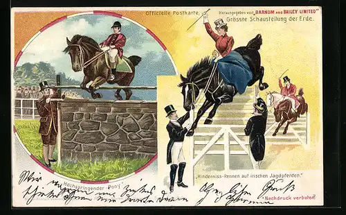 Lithographie Grösste Schaustellung der Erde, Hochspringendes Pony und Hinderniss-Rennen, Zirkus