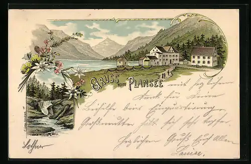 Lithographie Plansee, Totalansicht mit Bergpanorama