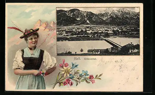 Präge-AK Hall /Unterinntal, Totalansicht mit Dame in Tracht