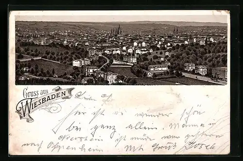 Vorläufer-Lithographie Wiesbaden, 1894, Totalansicht aus der Vogelschau