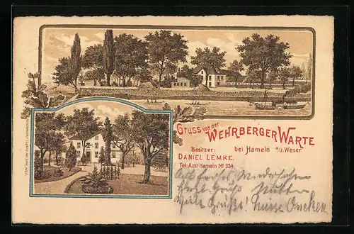 Lithographie Hameln /Weser, Gasthaus Wehrberger Warte von Daniel Lemke