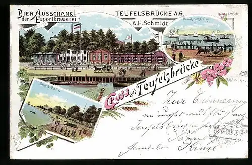 Lithographie Hamburg-Teufelsbrücke, Gasthaus der Exportbrauerei von A. H. Schmidt, Strandpartie, Dampfschiffbrücke