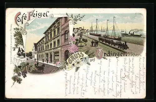 Lithographie Uerdingen /Rhein, Cafe Feigel, Uferpartie mit Dampfer