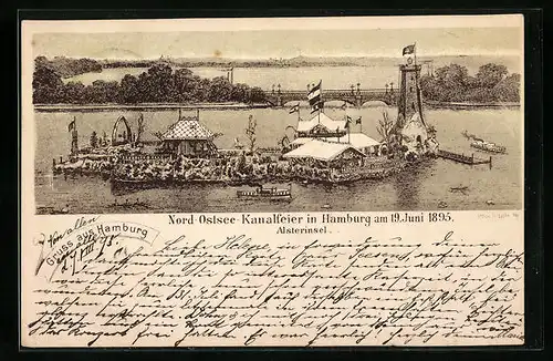 Vorläufer-Lithographie Hamburg-St.Georg, Nord-Ostsee-Kanalfeier am 19. Juni 1895, Alsterinsel