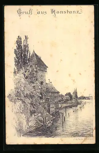 Vorläufer-Lithographie Konstanz, 1893, Gebäude und Turm am Ufer des Bodensees