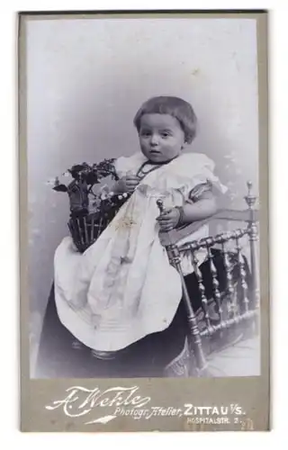 Fotografie A. Wehle, Zittau i. S., Hospitalstr. 2, Kleinkind im weissen Kleid mit Blumenbouquet