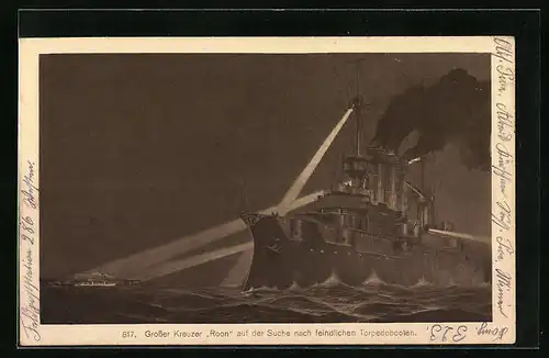Künstler-AK Grosser Kreuzer Roon auf der Suche nach feindlichen Torpedobooten