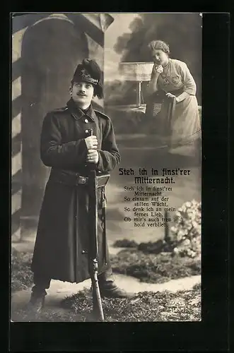 Foto-AK Soldat in Sehnsucht nach seiner Liebsten, Spruch