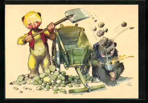 Künstler-AK Teddybär ist mit der Schaufel ungeschickt