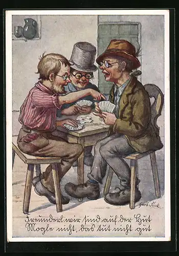 Künstler-AK Drei Männer beim Kartenspiel