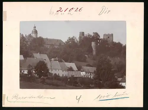 Fotografie Brück & Sohn Meissen, Ansicht Frauenstein i. Erzg., Teilansicht der Stadt mit Schloss und Ruine
