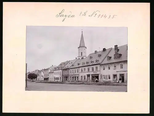 Fotografie Brück & Sohn Meissen, Ansicht Sayda i. Erzg., Hauptstrasse mit Geschäften Robert Langer, Woldemar Walther