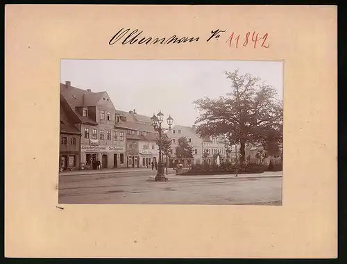 Fotografie Brück & Sohn Meissen, Ansicht Olbernhau, Markt mit Geschäften Alexan. Schneider, Clemens Hiekel, C. Schneider