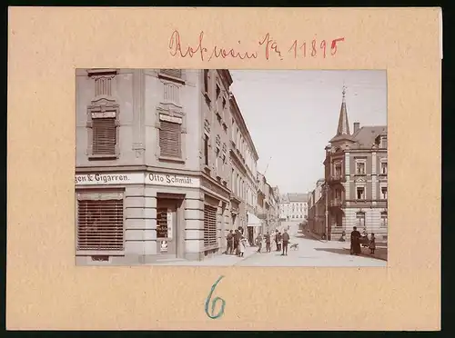 Fotografie Brück & Sohn Meissen, Ansicht Rosswein, Dresdner Strasse mit Geschäften Otto Schmidt, C. F. Wilhelm