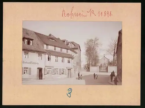 Fotografie Brück & Sohn Meissen, Ansicht Rosswein, Kreuzplatz mit Tischlerei Richard Schlicke, Blick zur Kirche