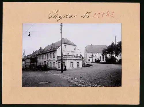 Fotografie Brück & Sohn Meissen, Ansicht Sayda i. Erzg., Hauptstrasse mit dem Hotel goldner Stern