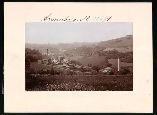 Fotografie Brück & Sohn Meissen, Ansicht Annaberg i. Erzg., Blick auf den Schlachthof im Sehmatal mit Eisenbahn Bahnhof