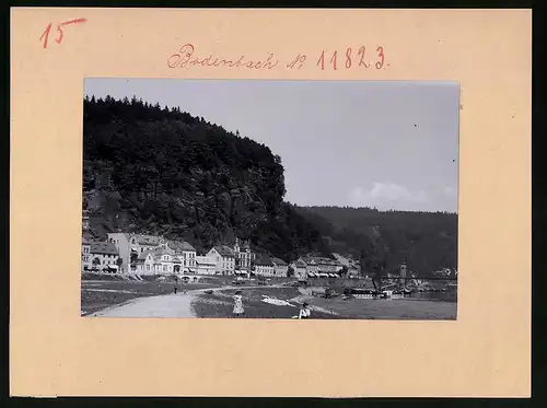 Fotografie Brück & Sohn Meissen, Ansicht Bodenbach a. Elbe, Ortsansicht mit der Schäferwand, Raddampfer Aussig