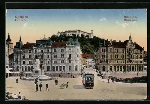AK Laibach, Strassenbahn auf dem Marienplatz