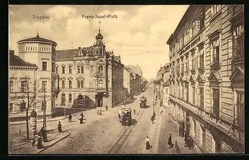 AK Troppau, Strassenbahnen auf dem Franz-Josef-Platz