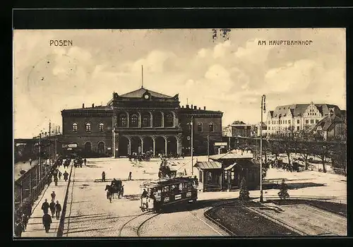 AK Posen, Strassenbahn am Hauptbahnhof