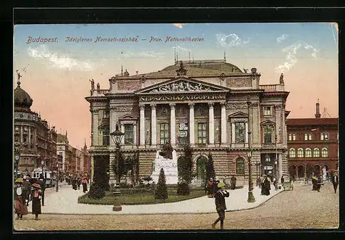 AK Budapest, Prov. Nationaltheater, Strassenbahn