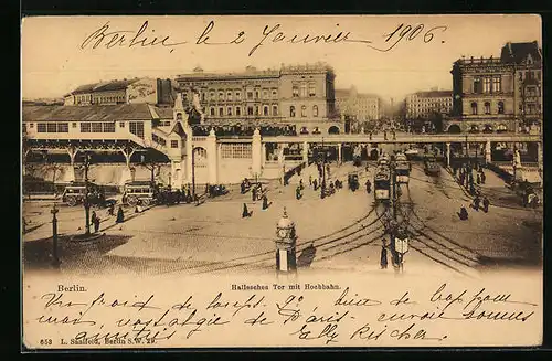 AK Berlin, Hallesches Tor mit Hochbahn und Strassenbahn