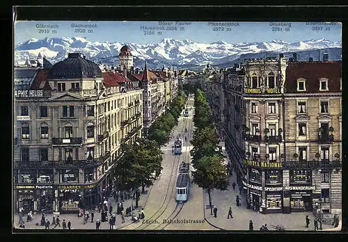 AK Zürich, Strassenbahn vor Alpenpanorama in der Zürichstrasse