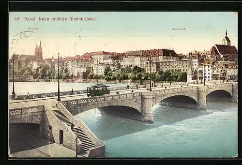 AK Basel, Strassenbahn auf der neuen mittleren Rheinbrücke